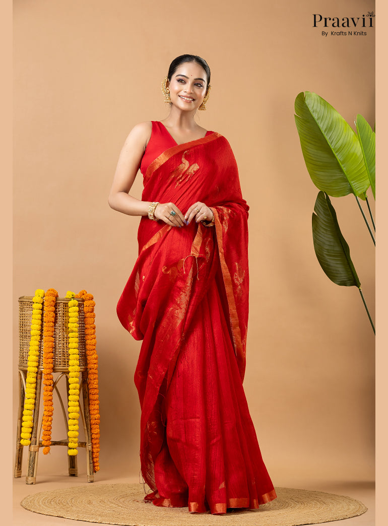 Scarlet Red Pure Matka Bird Jamdani Saree