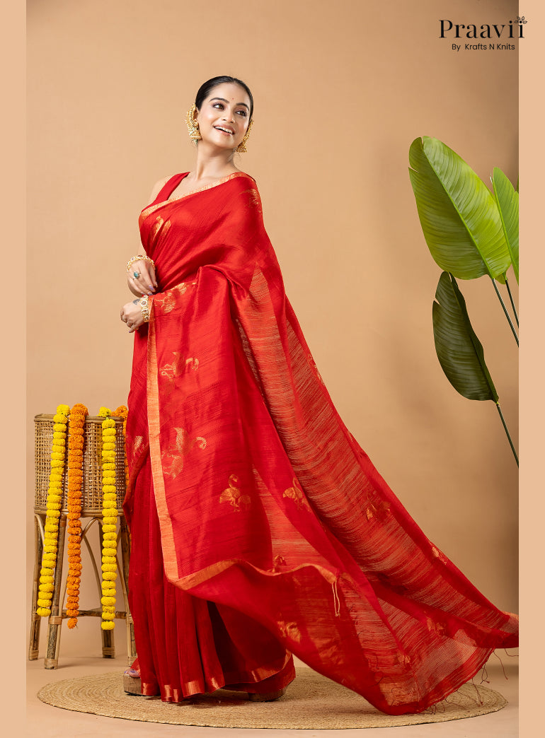 Scarlet Red Pure Matka Bird Jamdani Saree