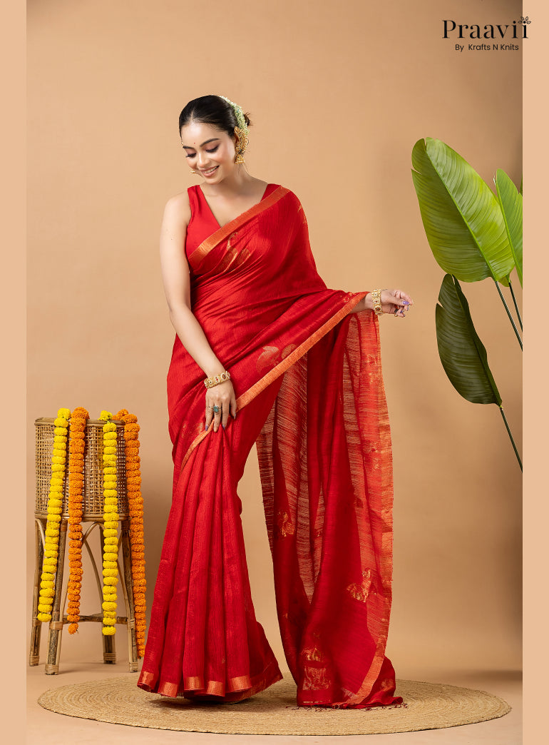 Scarlet Red Pure Matka Bird Jamdani Saree