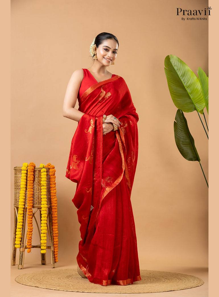 Scarlet Red Pure Matka Bird Jamdani Saree