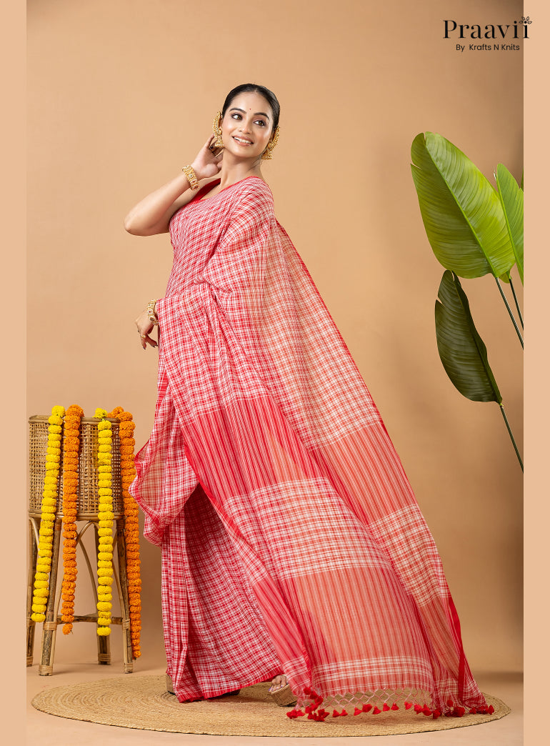 White Pure Mul Cotton Saree with Red Checks