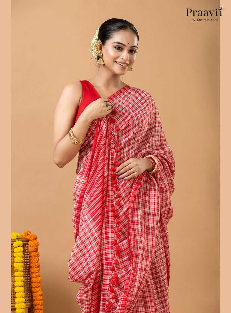White Pure Mul Cotton Saree with Red Checks
