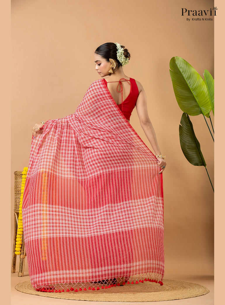 White Pure Mul Cotton Saree with Red Checks