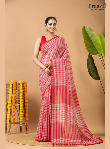 White Pure Mul Cotton Saree with Red Checks