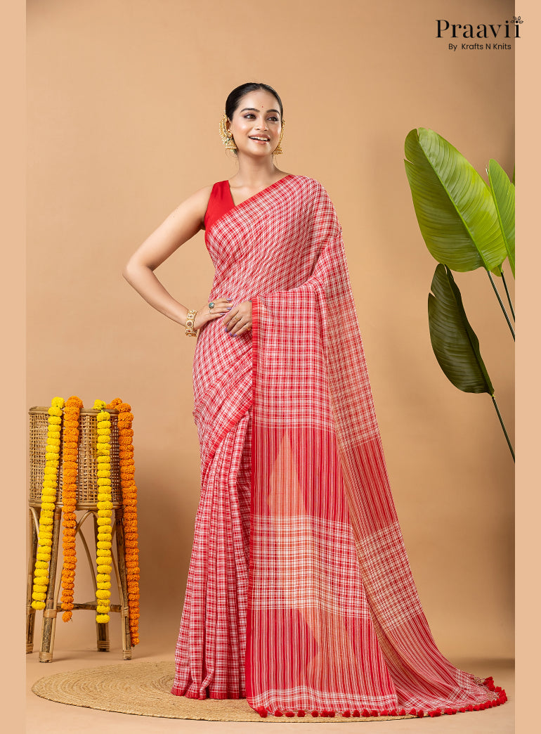 White Pure Mul Cotton Saree with Red Checks