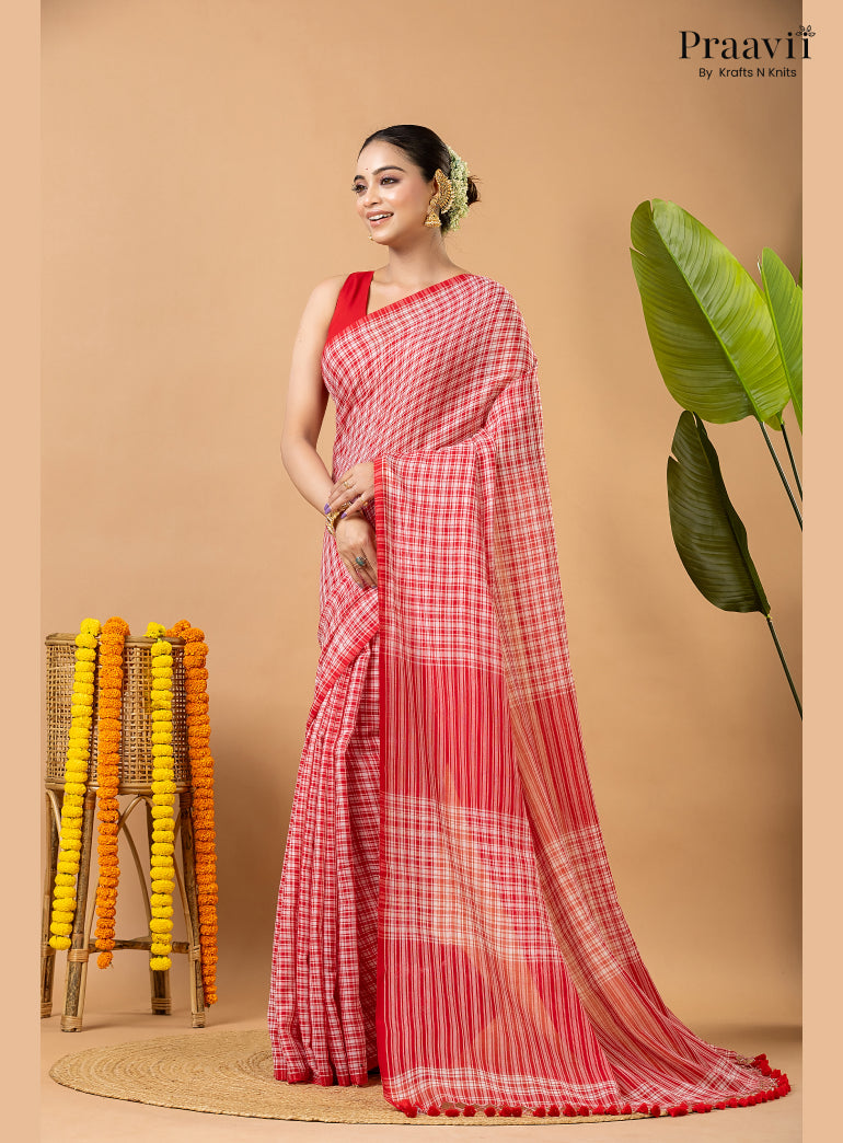 White Pure Mul Cotton Saree with Red Checks