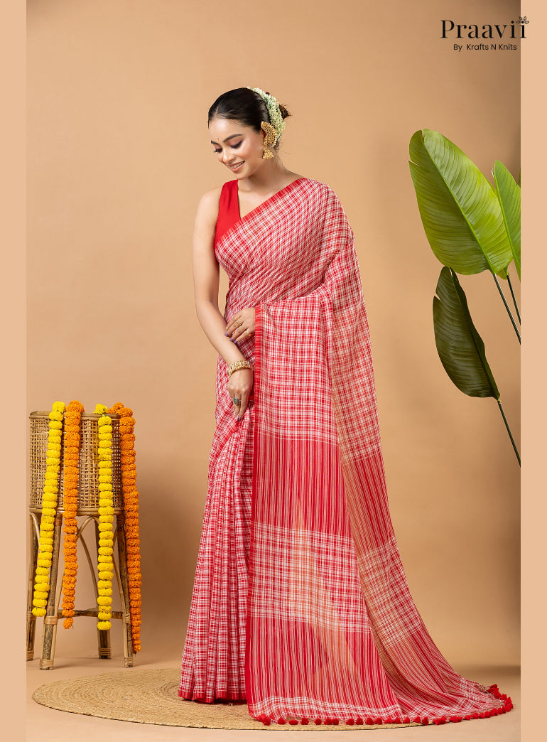 White Pure Mul Cotton Saree with Red Checks