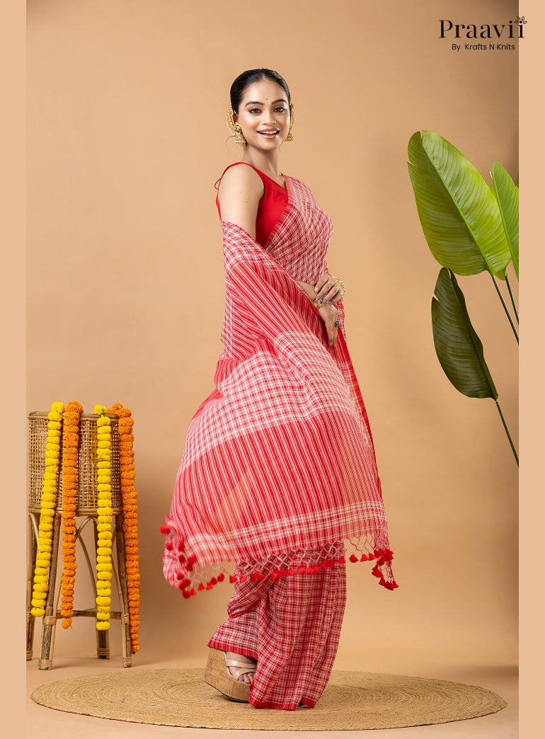 White Pure Mul Cotton Saree with Red Checks