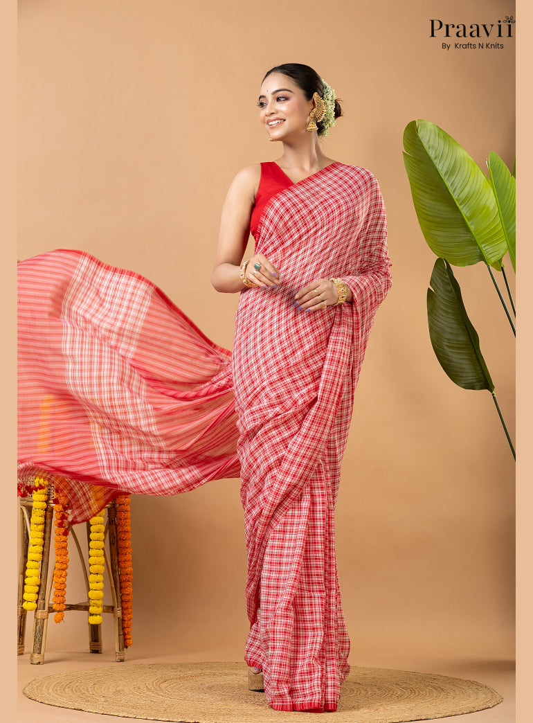 White Pure Mul Cotton Saree with Red Checks