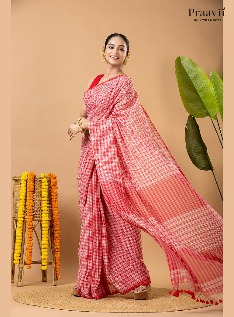 White Pure Mul Cotton Saree with Red Checks