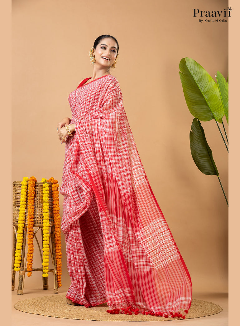 White Pure Mul Cotton Saree with Red Checks