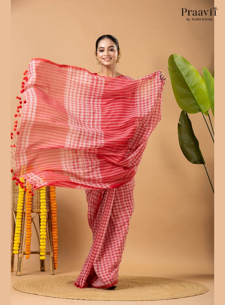 White Pure Mul Cotton Saree with Red Checks