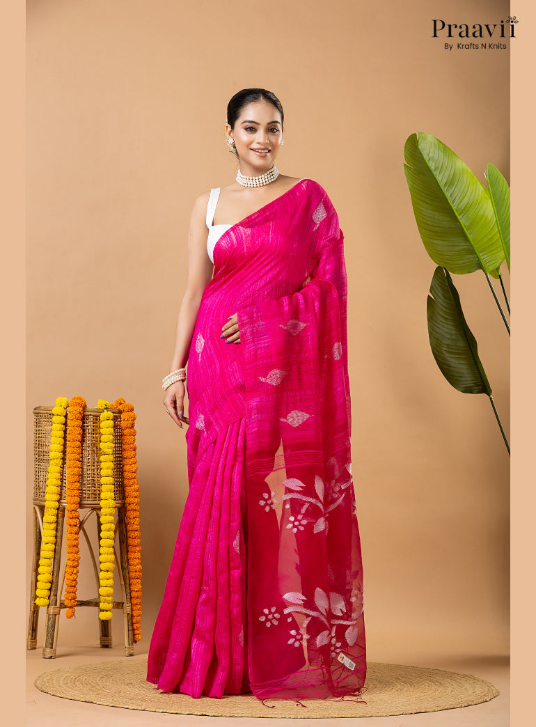 Barbie Pink Pure Matka Leaf Jamdani Saree