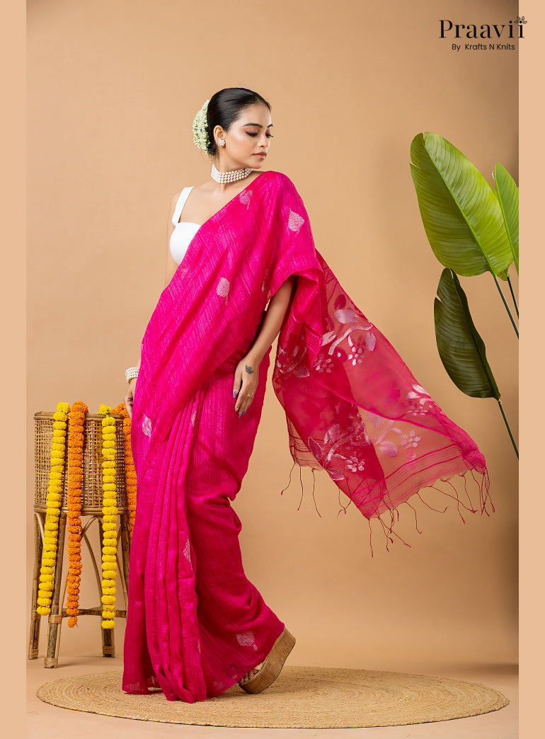 Barbie Pink Pure Matka Leaf Jamdani Saree