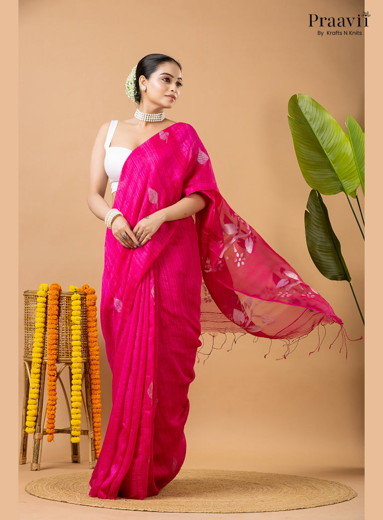 Barbie Pink Pure Matka Leaf Jamdani Saree