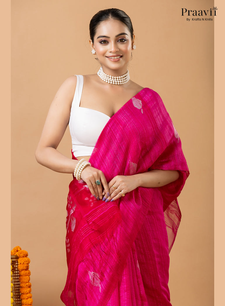 Barbie Pink Pure Matka Leaf Jamdani Saree