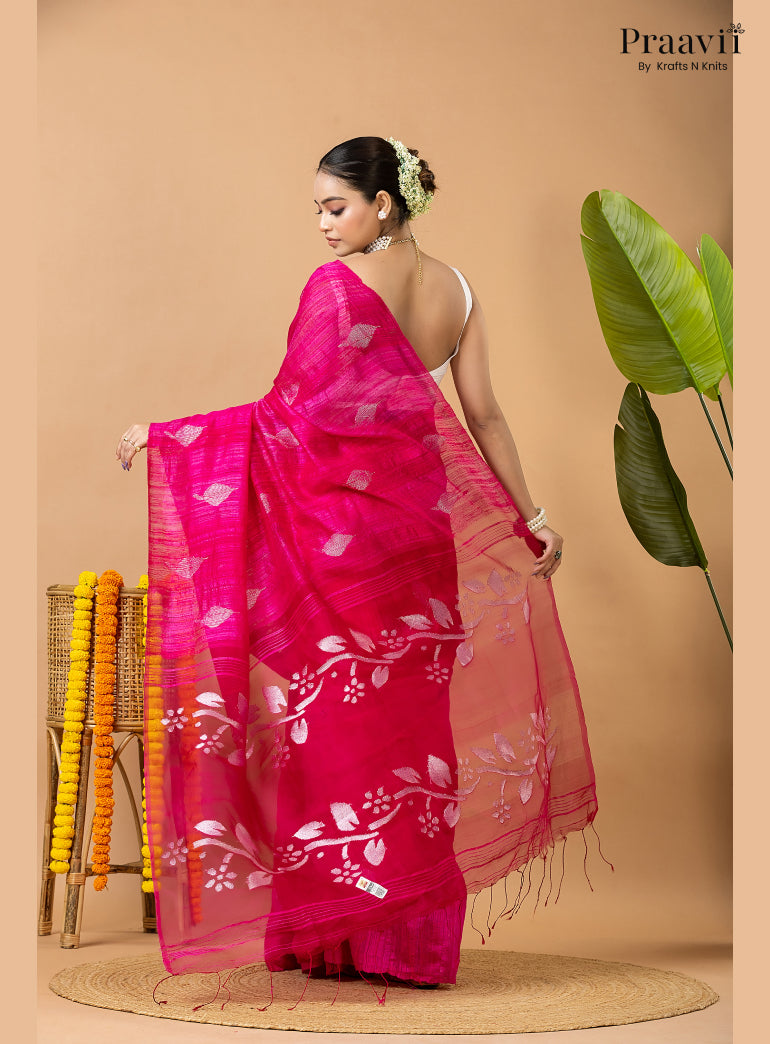 Barbie Pink Pure Matka Leaf Jamdani Saree