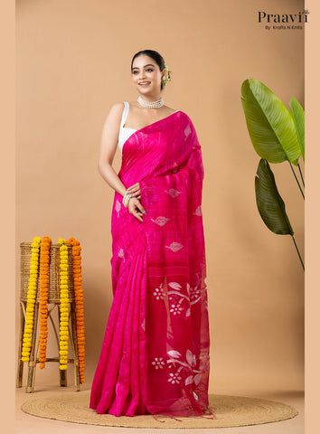Barbie Pink Pure Matka Leaf Jamdani Saree