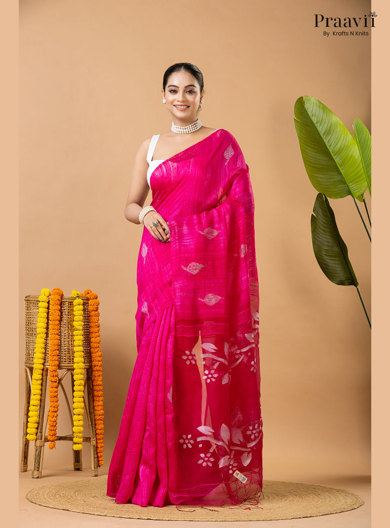 Barbie Pink Pure Matka Leaf Jamdani Saree