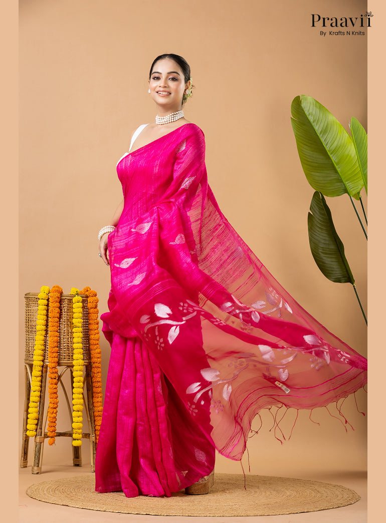 Barbie Pink Pure Matka Leaf Jamdani Saree