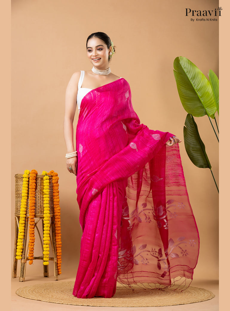 Barbie Pink Pure Matka Leaf Jamdani Saree
