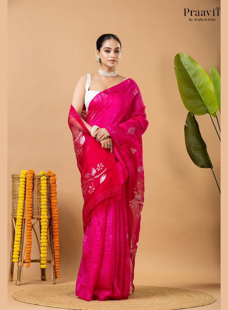 Barbie Pink Pure Matka Leaf Jamdani Saree