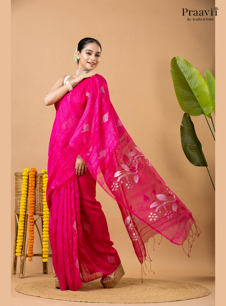 Barbie Pink Pure Matka Leaf Jamdani Saree