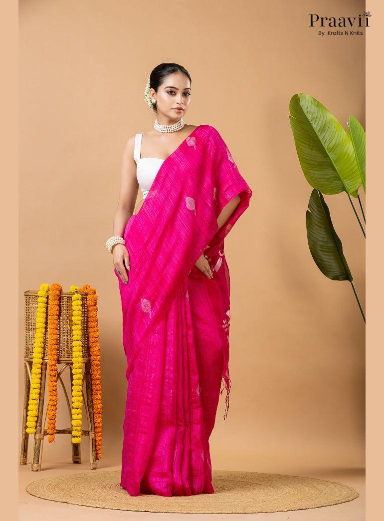 Barbie Pink Pure Matka Leaf Jamdani Saree