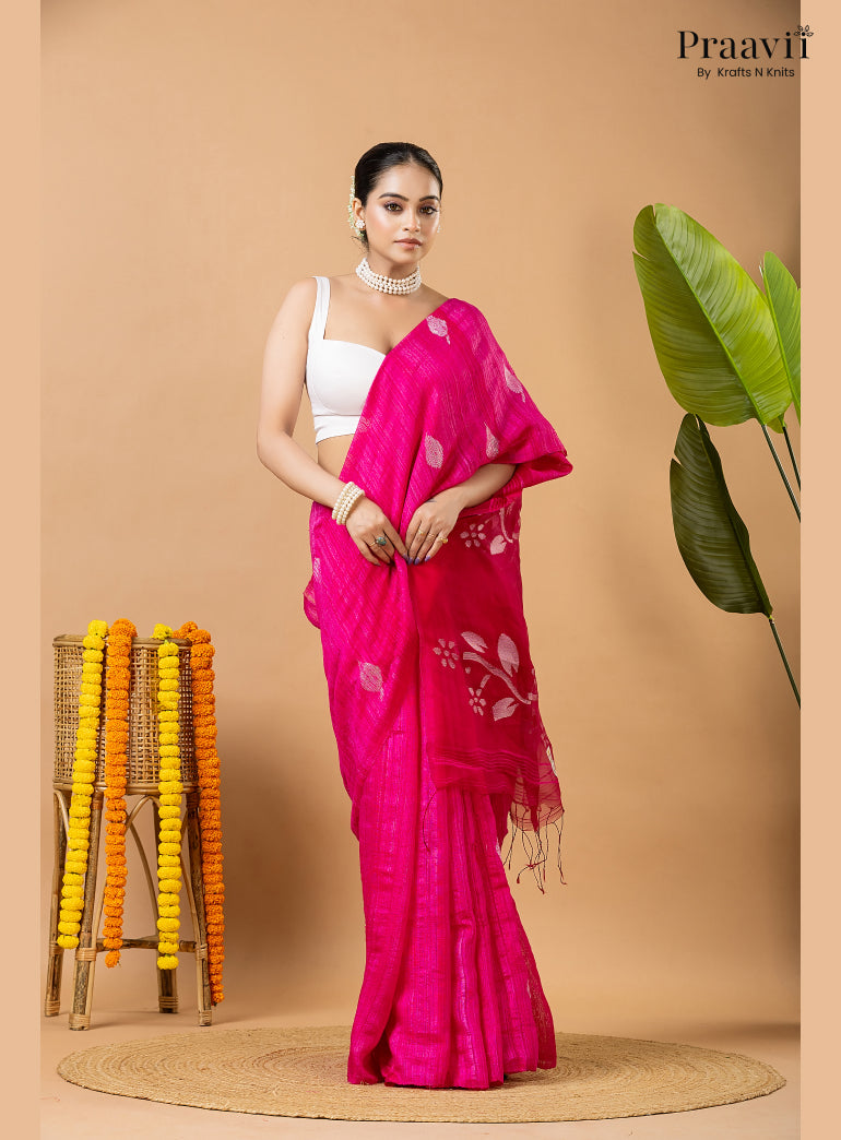 Barbie Pink Pure Matka Leaf Jamdani Saree