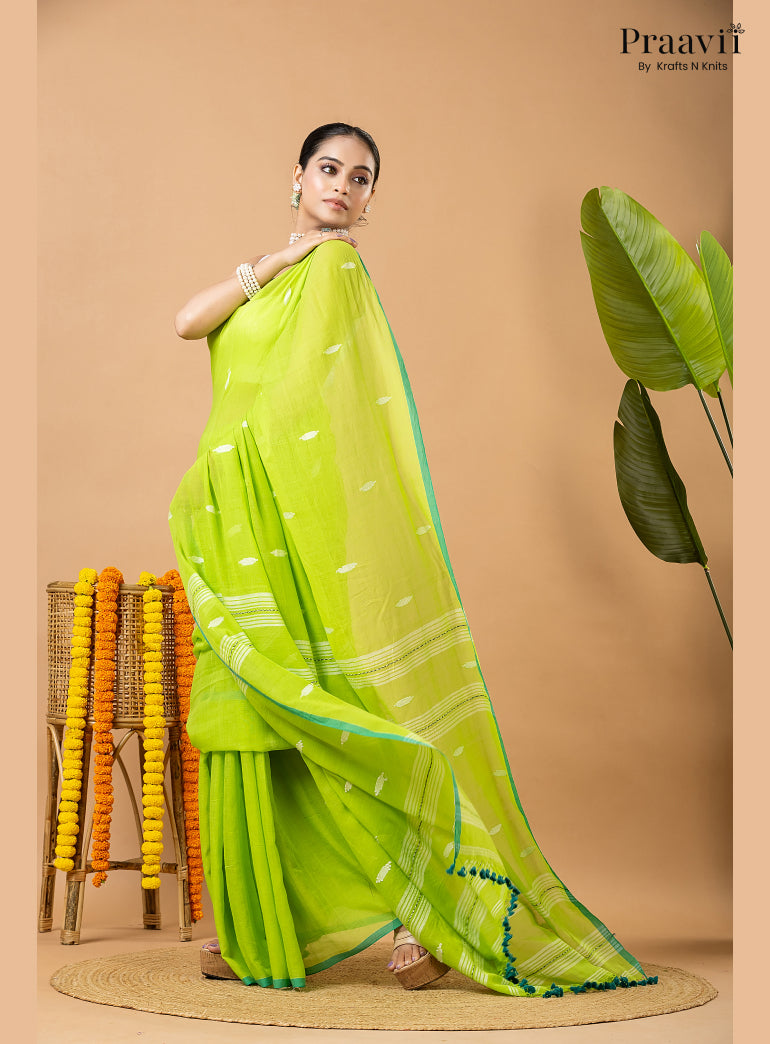 Light Green Pure Mul Cotton Jamdani Saree