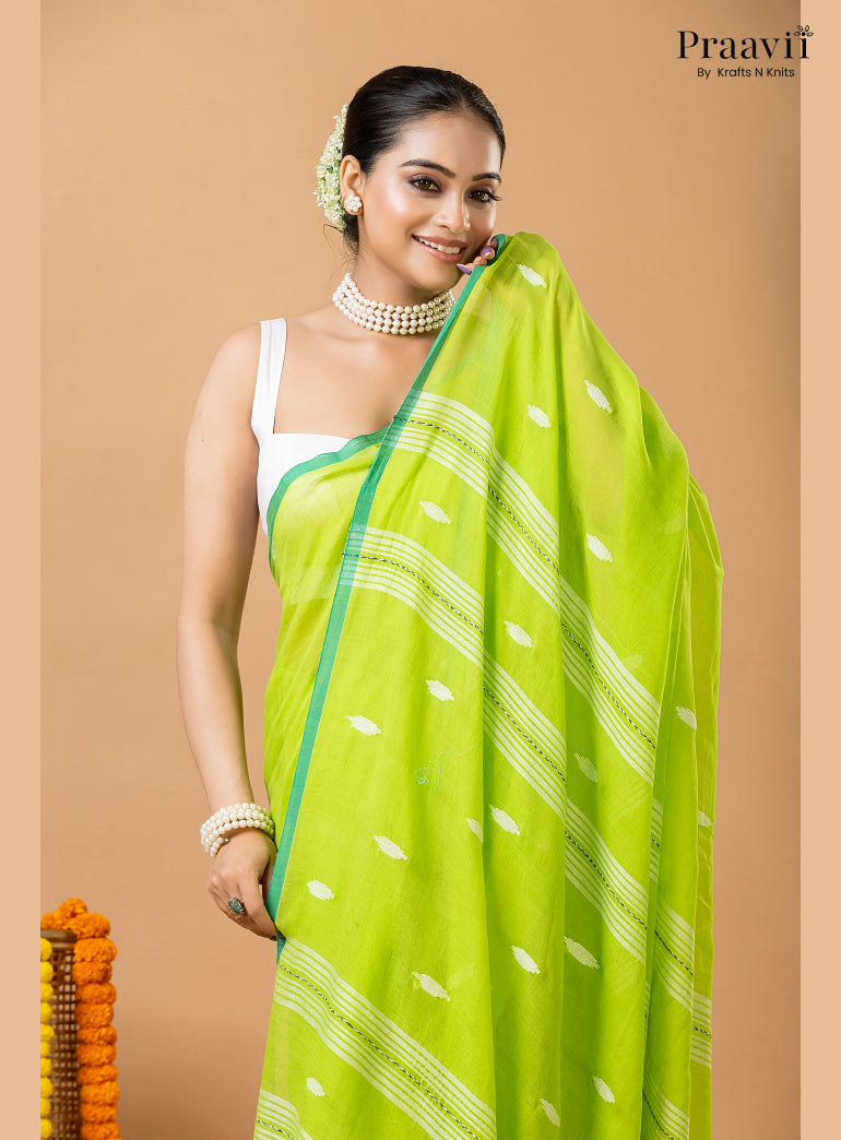 Light Green Pure Mul Cotton Jamdani Saree