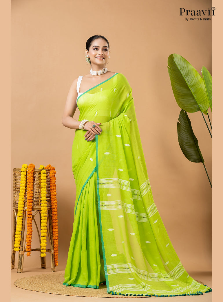Light Green Pure Mul Cotton Jamdani Saree