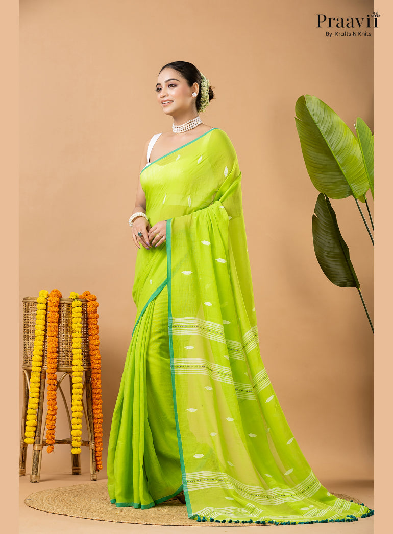 Light Green Pure Mul Cotton Jamdani Saree