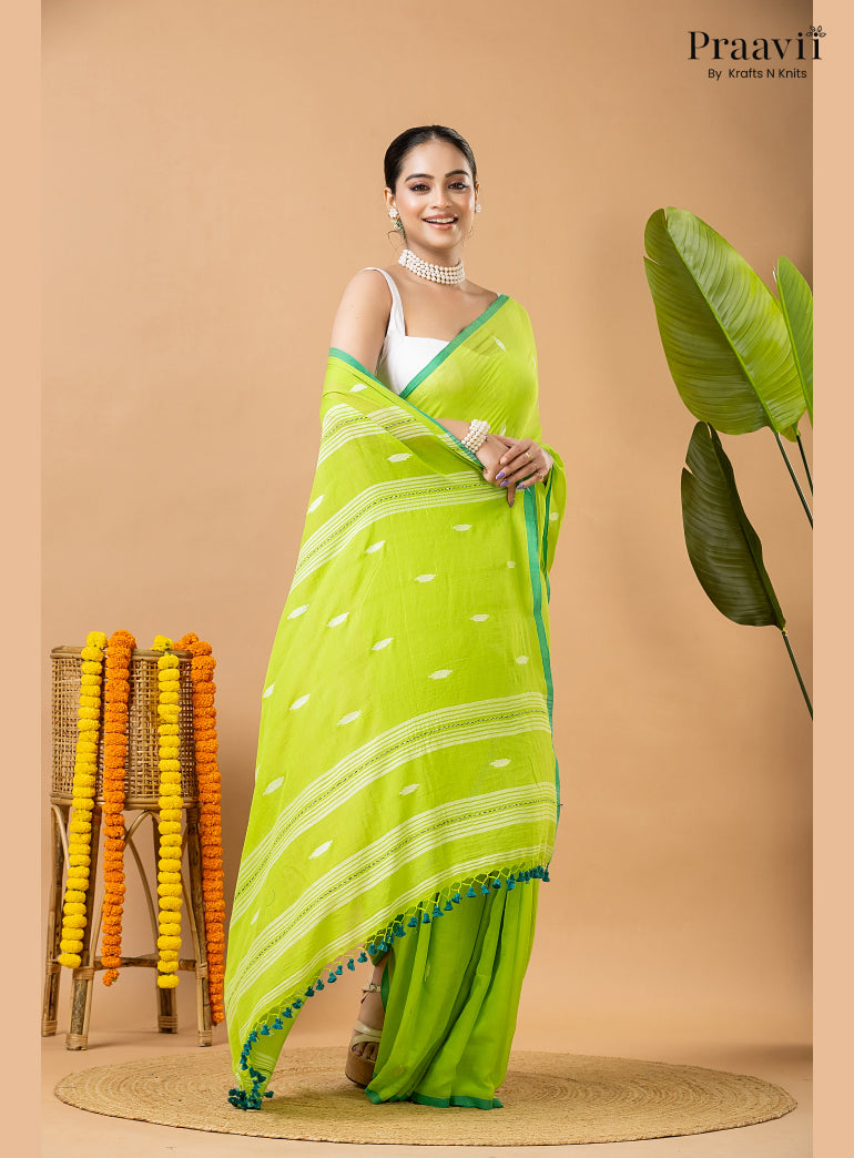 Light Green Pure Mul Cotton Jamdani Saree