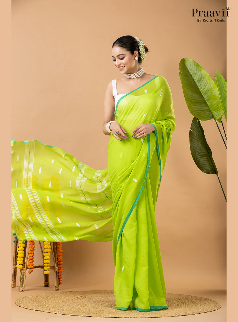 Light Green Pure Mul Cotton Jamdani Saree