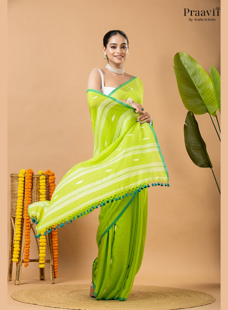 Light Green Pure Mul Cotton Jamdani Saree