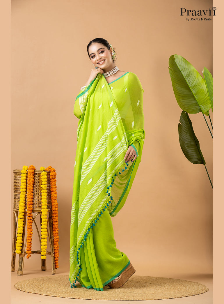 Light Green Pure Mul Cotton Jamdani Saree