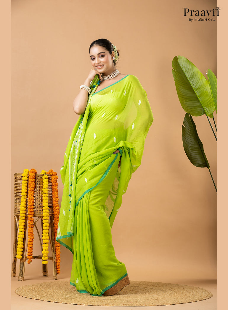 Light Green Pure Mul Cotton Jamdani Saree