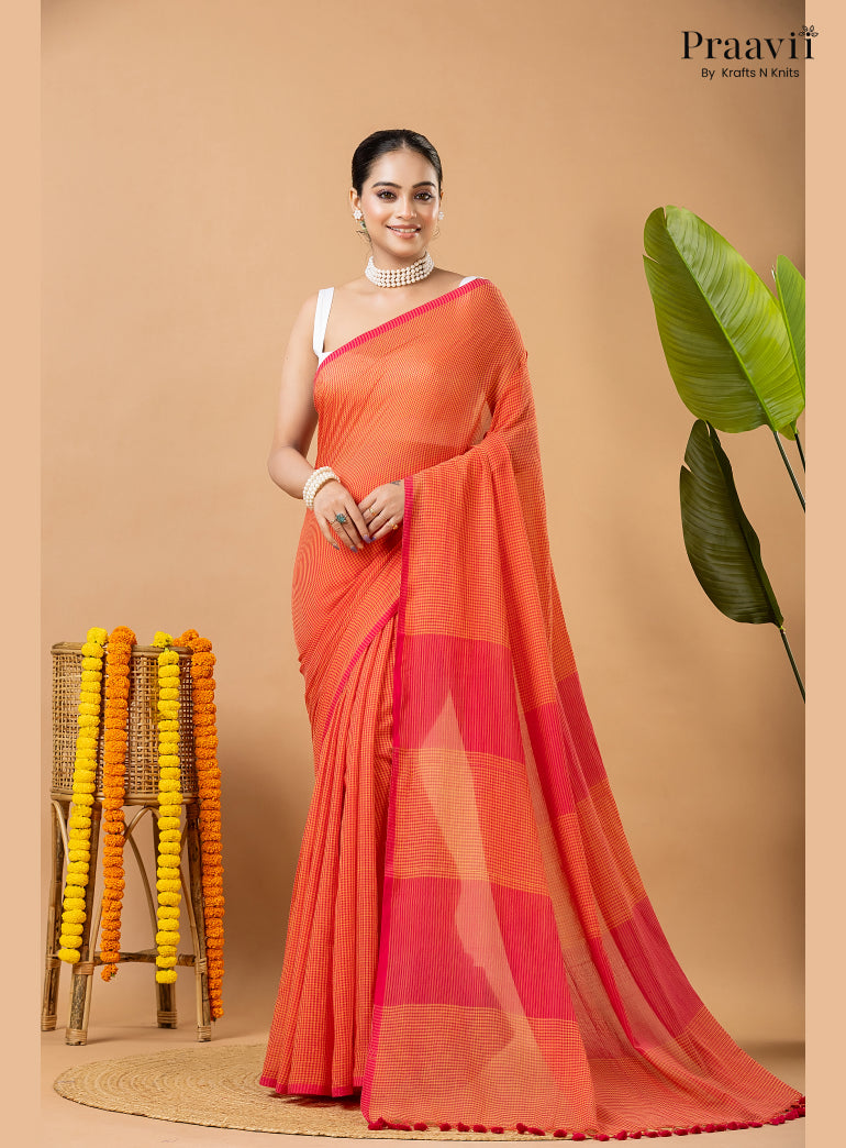 Orangish Red Pure Mul Cotton Jamdani Saree