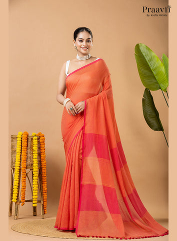 Orangish Red Pure Mul Cotton Jamdani Saree