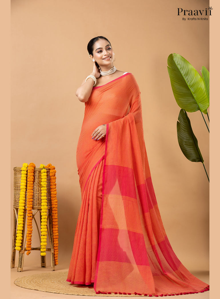 Orangish Red Pure Mul Cotton Jamdani Saree