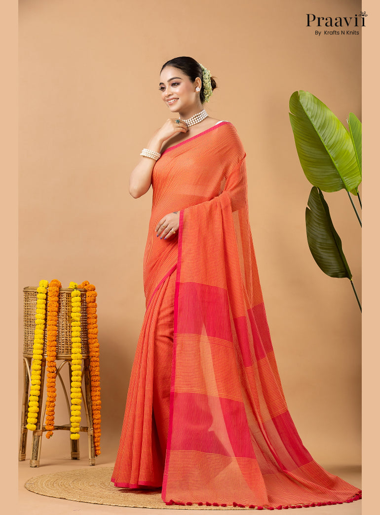 Orangish Red Pure Mul Cotton Jamdani Saree