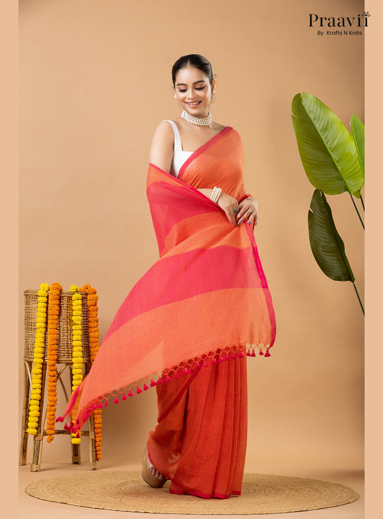 Orangish Red Pure Mul Cotton Jamdani Saree