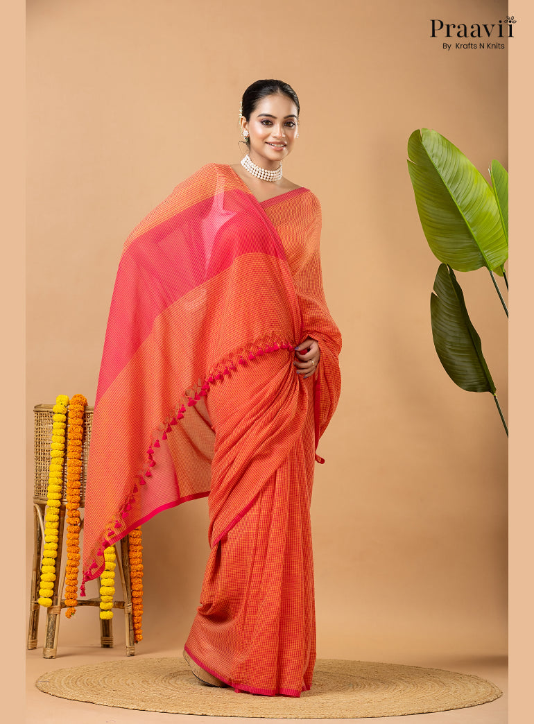 Orangish Red Pure Mul Cotton Jamdani Saree