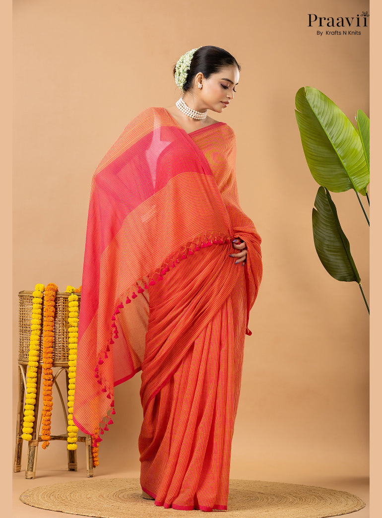 Orangish Red Pure Mul Cotton Jamdani Saree