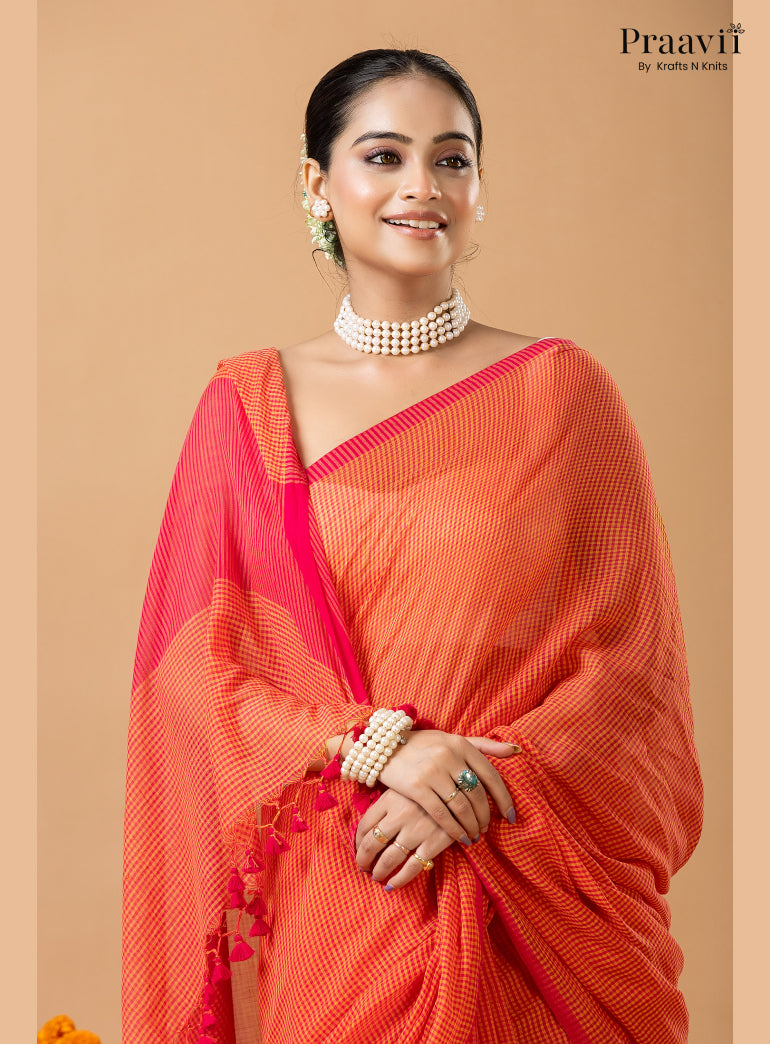 Orangish Red Pure Mul Cotton Jamdani Saree