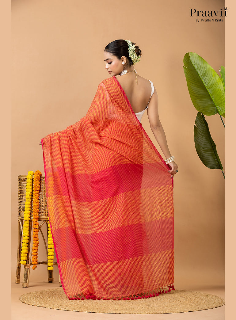 Orangish Red Pure Mul Cotton Jamdani Saree