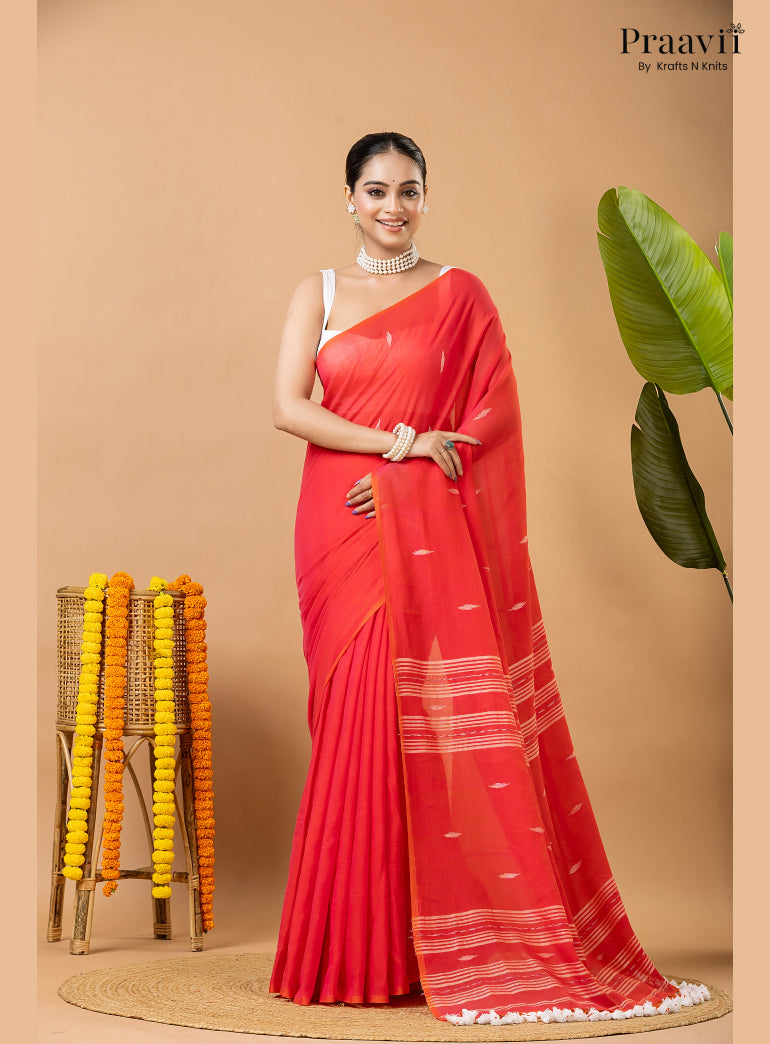 Cherry Red Pure Mul Cotton Jamdani Saree
