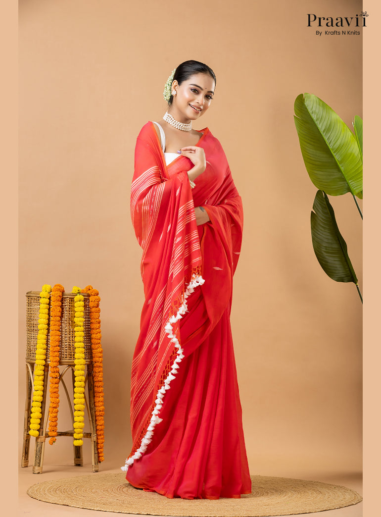 Cherry Red Pure Mul Cotton Jamdani Saree