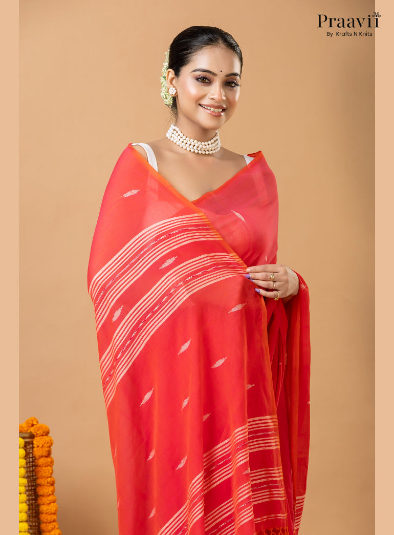 Cherry Red Pure Mul Cotton Jamdani Saree